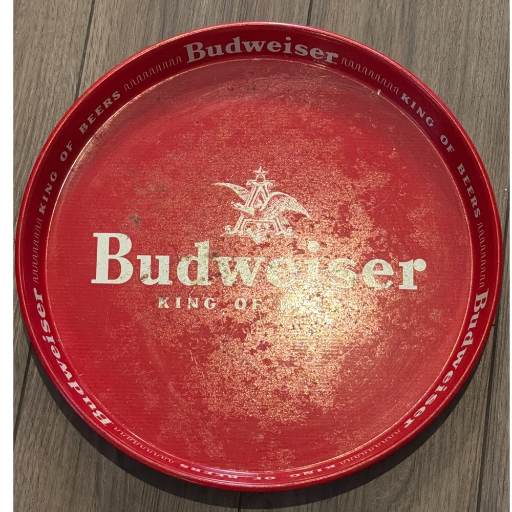Vintage Budweiser Metal Beer Tray 13" Round King of Beers Tin Sign Patina Retro